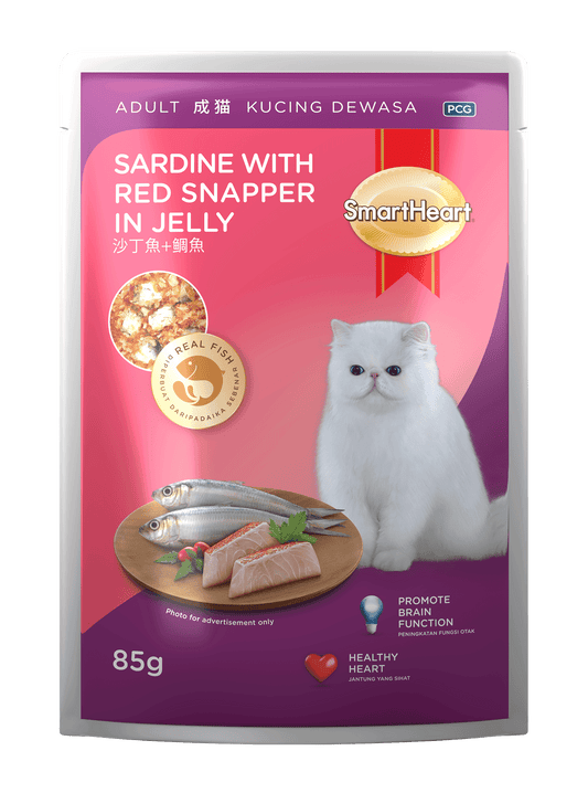 SmartHeart Adult Pouch Cat Wet Food Sardine with Red Snapper In Jelly 85g