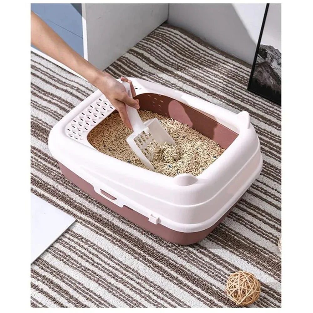Semi-Enclosed Premium Litter Box, Cat Ear Shaped Open Top Cat Litter Tray, Extra Large Cat Litter Box