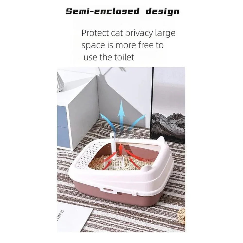 Semi-Enclosed Premium Litter Box, Cat Ear Shaped Open Top Cat Litter Tray, Extra Large Cat Litter Box