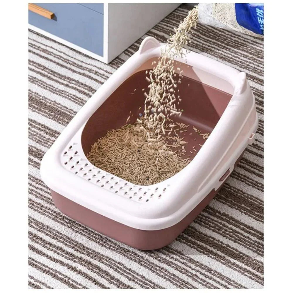 Semi-Enclosed Premium Litter Box, Cat Ear Shaped Open Top Cat Litter Tray, Extra Large Cat Litter Box