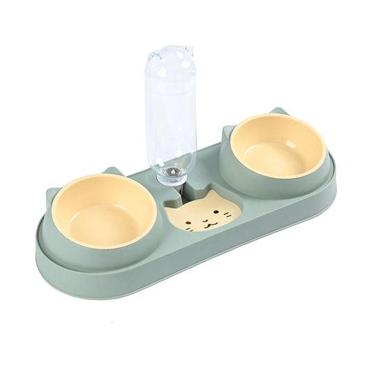 Double Cat Food and Water Bowl Set with Water Dispenser Auto Water Replenishment Tip Proof Cute Pet Food Bowl