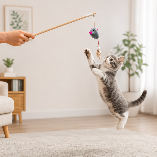 Interactive Mouse Cat Wand Toy with Feather Teaser Stick Toy 1Pcs