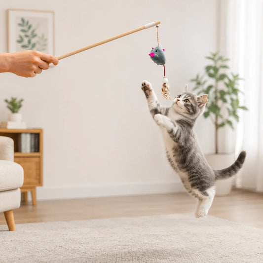 Interactive Mouse Cat Wand Toy with Feather Teaser Stick Toy 1Pcs