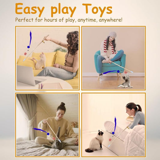 Pet Cat Kitten Wooden Teaser Stick Wand Wire Toys with Bell Interactive Toy Random Color 1pcs