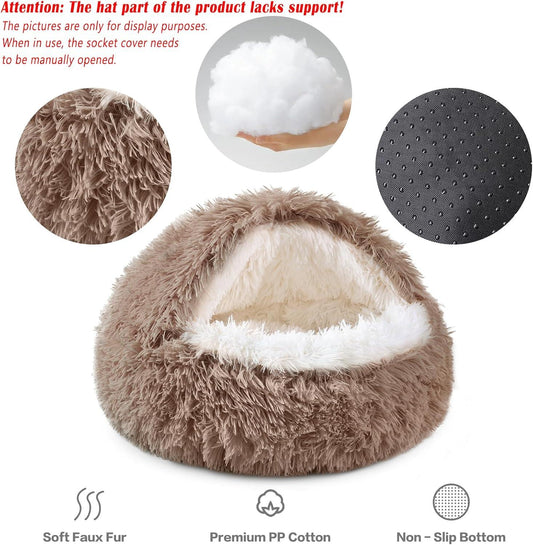 Round Hooded Donut Dog Bed for Small & Medium Pets - Plush Fluffy Anti-Anxiety Cat Cave Bed with Cover