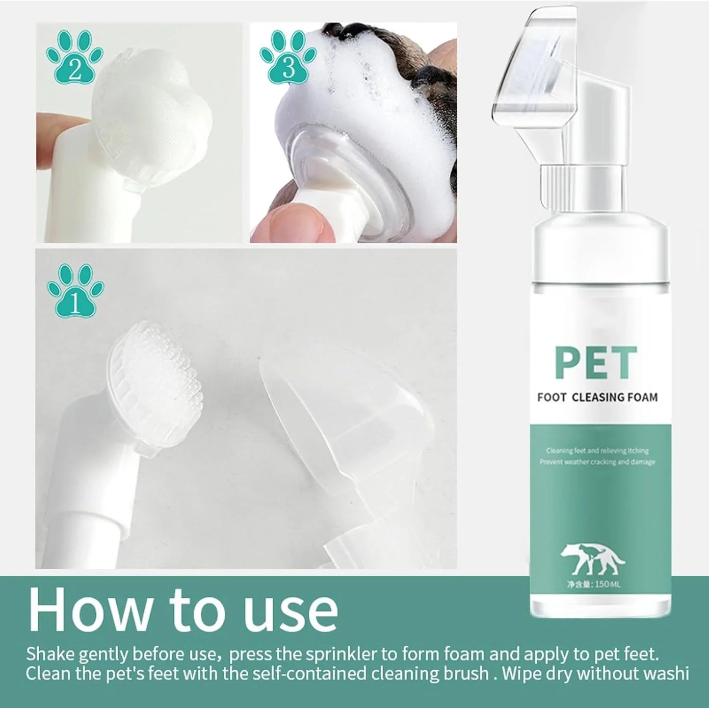 Nexolla Paw Cleaner, Pet Paw Cleansing Foam with Silicone Cleaning Brush for Pets, Waterless Foam for Cleaning Feet Clean