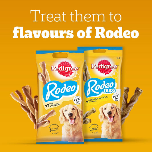 Pedigree Rodeo Duos (4+ Months) Dog Treats, Chicken & Bacon Flavour, 123 g, Low-Fat Treat, Contains Omega 3, Vitamin E & Calcium, Supports Strong Bones