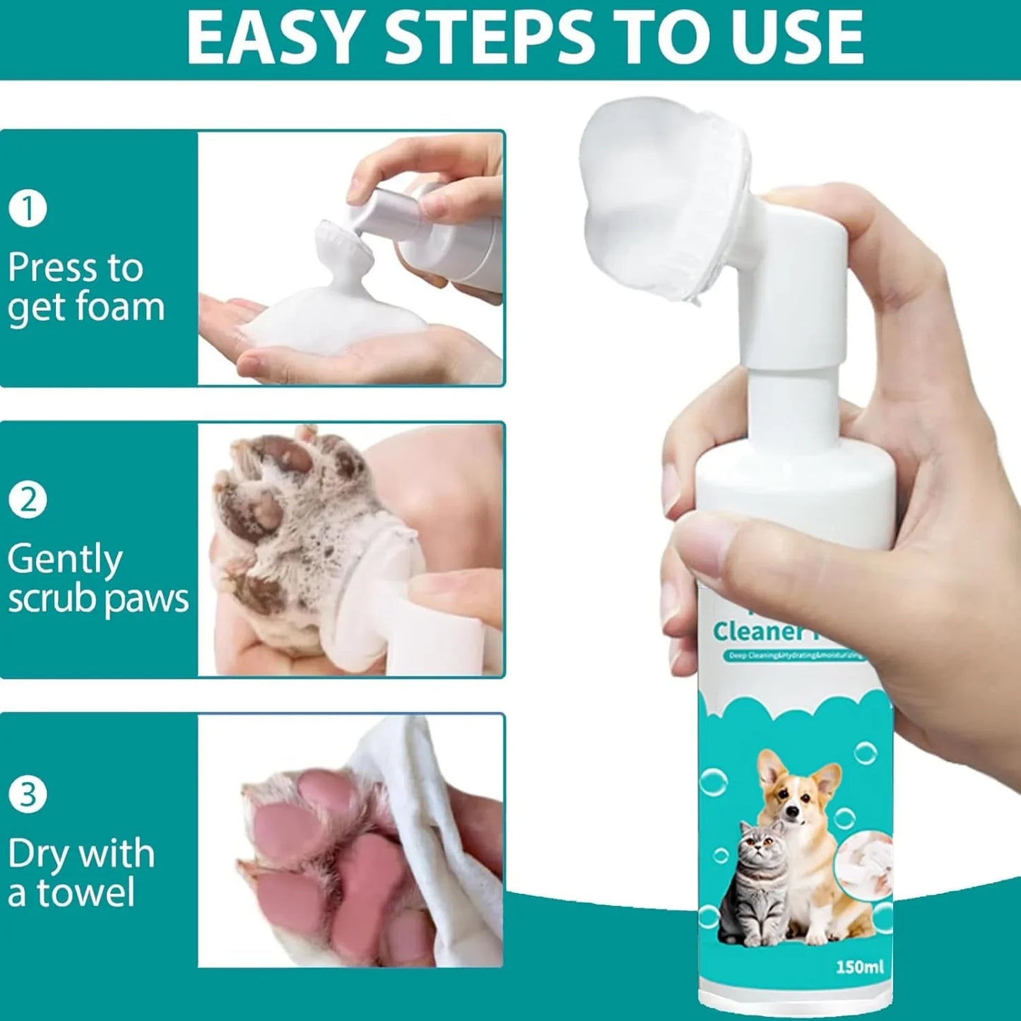 Pet Dog Paw Cleaner Foam, No-Rinse Formula with Soft Bristle Scrubber, Dog Paw Cleaner & Washer for Muddy Paws