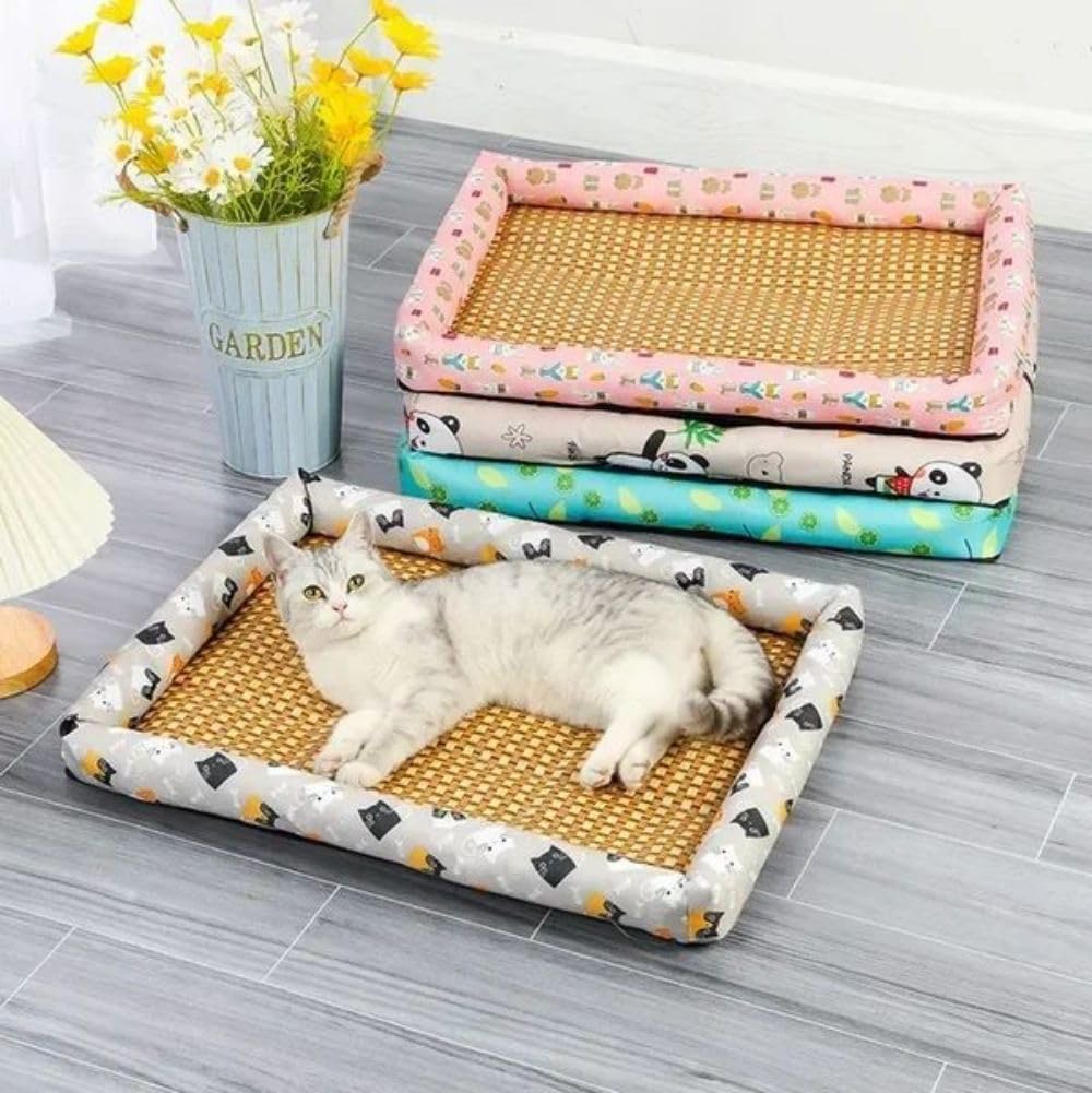 Summer Pet Cooling Mat, Natural Rattan Pet Bed Mat, Pet Cooler, Summer Linen Rattan Mat Nest, Woven Breathable Square Washable Bed with Edge for Dogs Cats