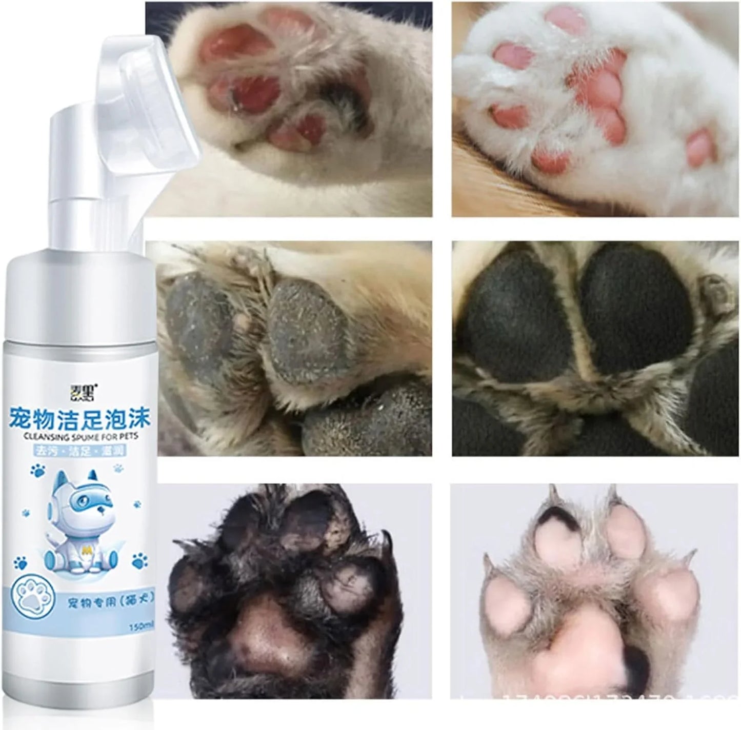 Pet Paw Cleaning Foam - Waterless Shampoo,150ml Paw Cleaner with Soft Silicone Brush, No-Rinse Shampoo for Pets and Dogs Foccar