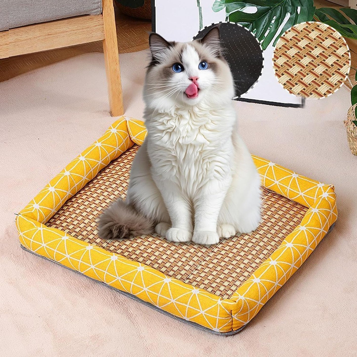 Summer Pet Cooling Mat, Natural Rattan Pet Bed Mat, Pet Cooler, Summer Linen Rattan Mat Nest, Woven Breathable Square Washable Bed with Edge for Dogs Cats