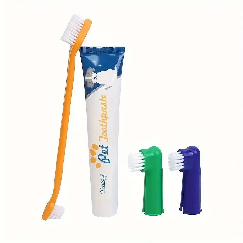 4 In 1 Cat Dog Toothpaste And Toothbrush Set For Pet - Venila Flavoured -Toothbrushes for Cat Kitten, Doggie Puppy Dental Care,