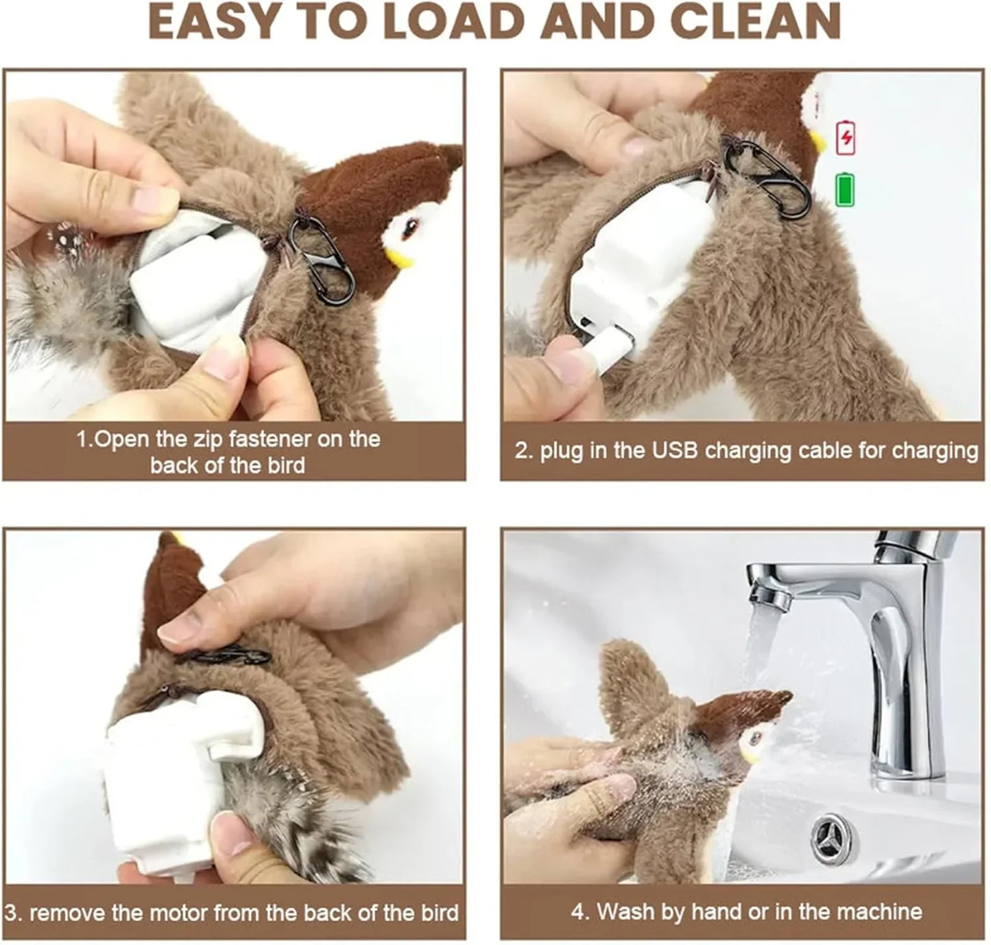 Pet Cat Interactive Toys, Rechargeable Chirping Flapping Bird (no Flying) with Catnip for Indoor Cats, Touch Activated Plush Toys