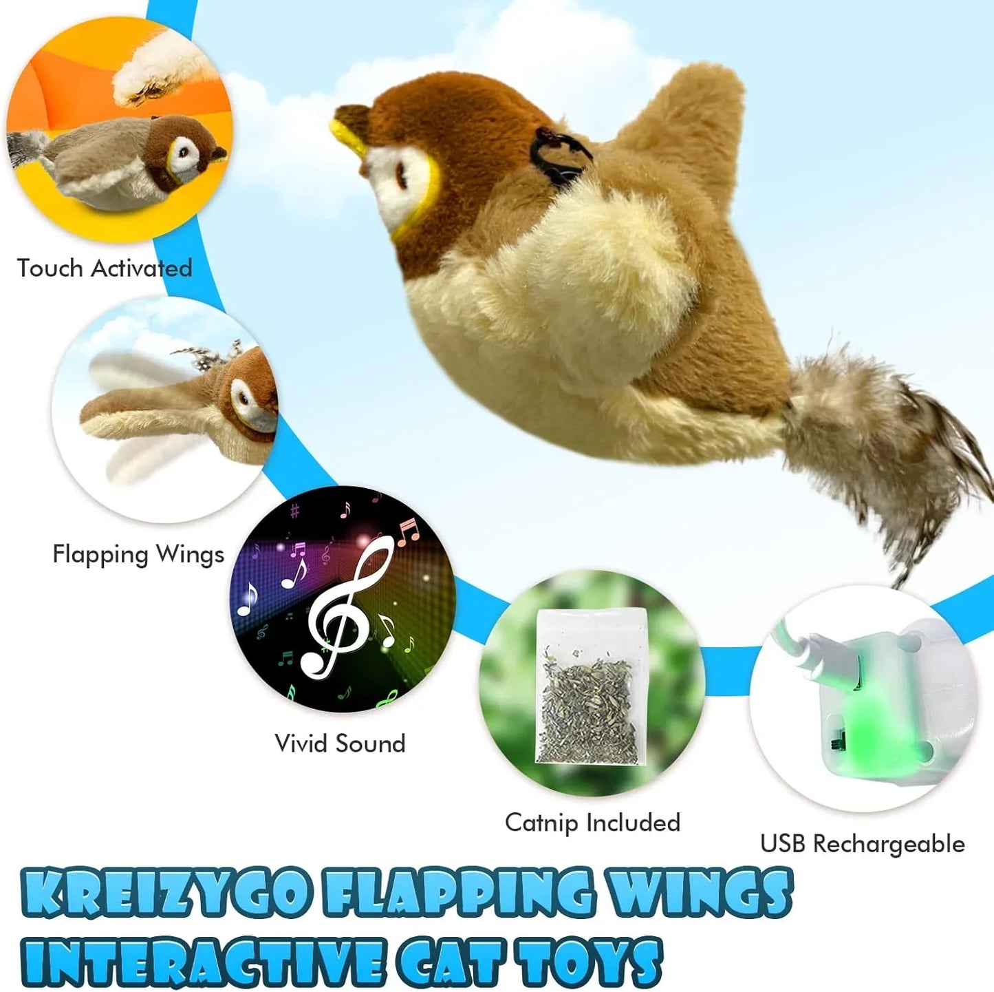 Pet Cat Interactive Toys, Rechargeable Chirping Flapping Bird (no Flying) with Catnip for Indoor Cats, Touch Activated Plush Toys