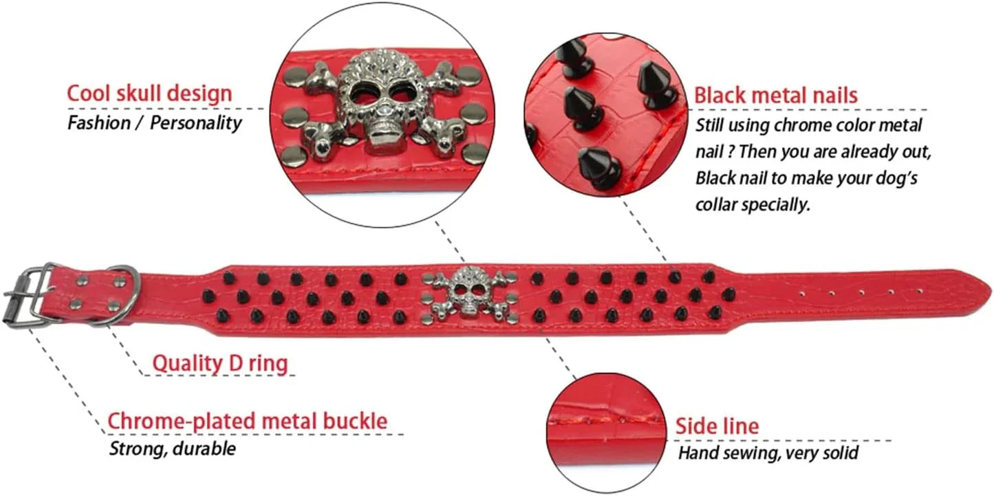 Adjustable Spiked Skull Leather Dog Collar, Bullet Rivets Studded Croco Faux Leather Collar for Small Medium Large Dogs as Labrador Pit Bull Bulldog Pugs Boxers