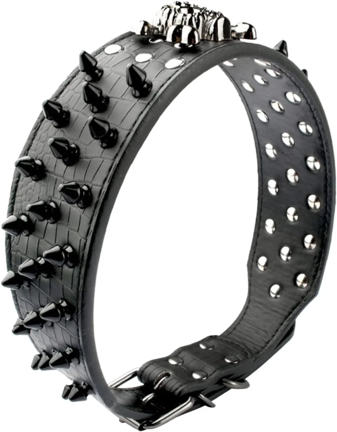 Adjustable Spiked Skull Leather Dog Collar, Bullet Rivets Studded Croco Faux Leather Collar for Small Medium Large Dogs as Labrador Pit Bull Bulldog Pugs Boxers