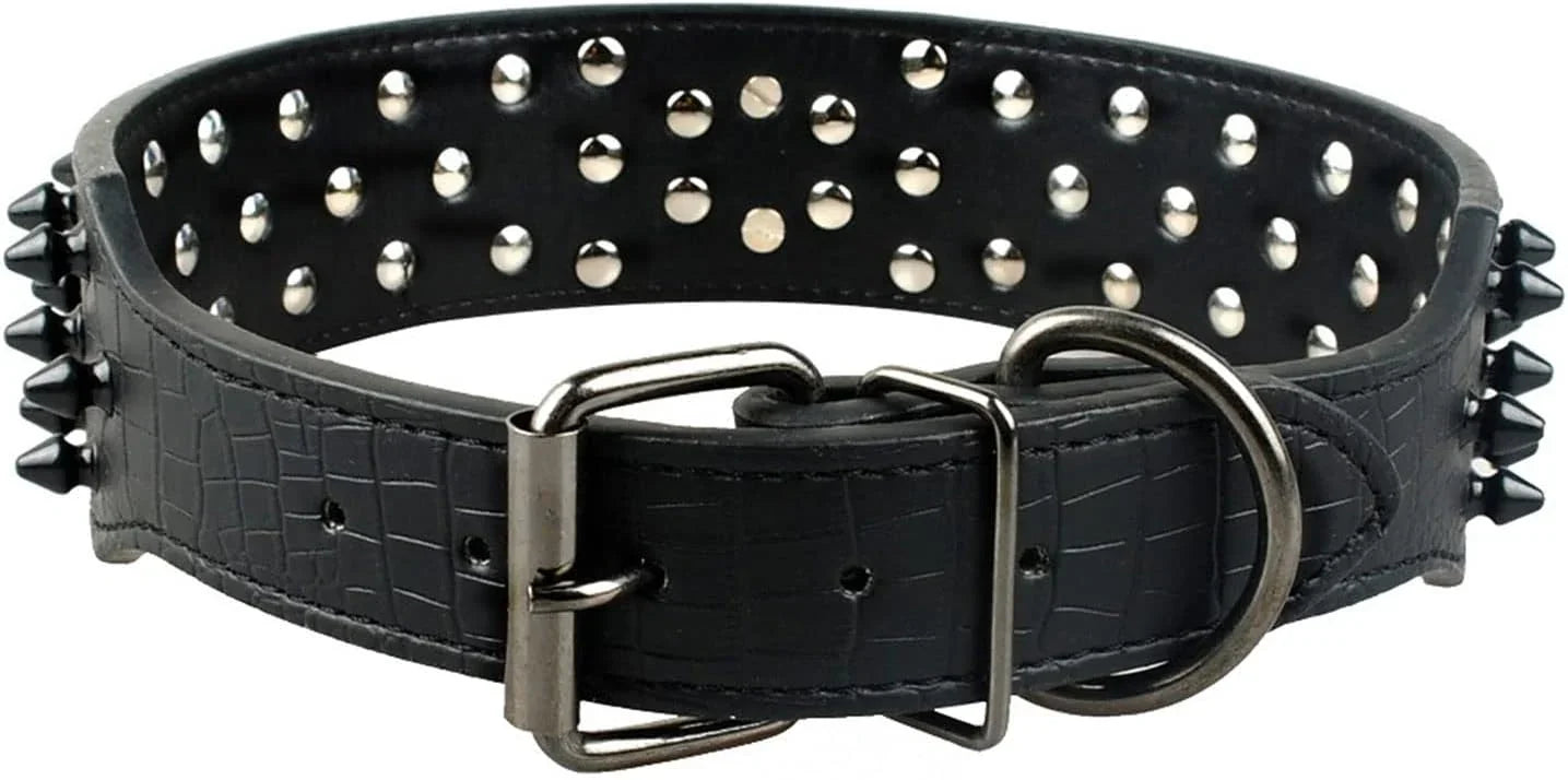 Adjustable Spiked Skull Leather Dog Collar, Bullet Rivets Studded Croco Faux Leather Collar for Small Medium Large Dogs as Labrador Pit Bull Bulldog Pugs Boxers