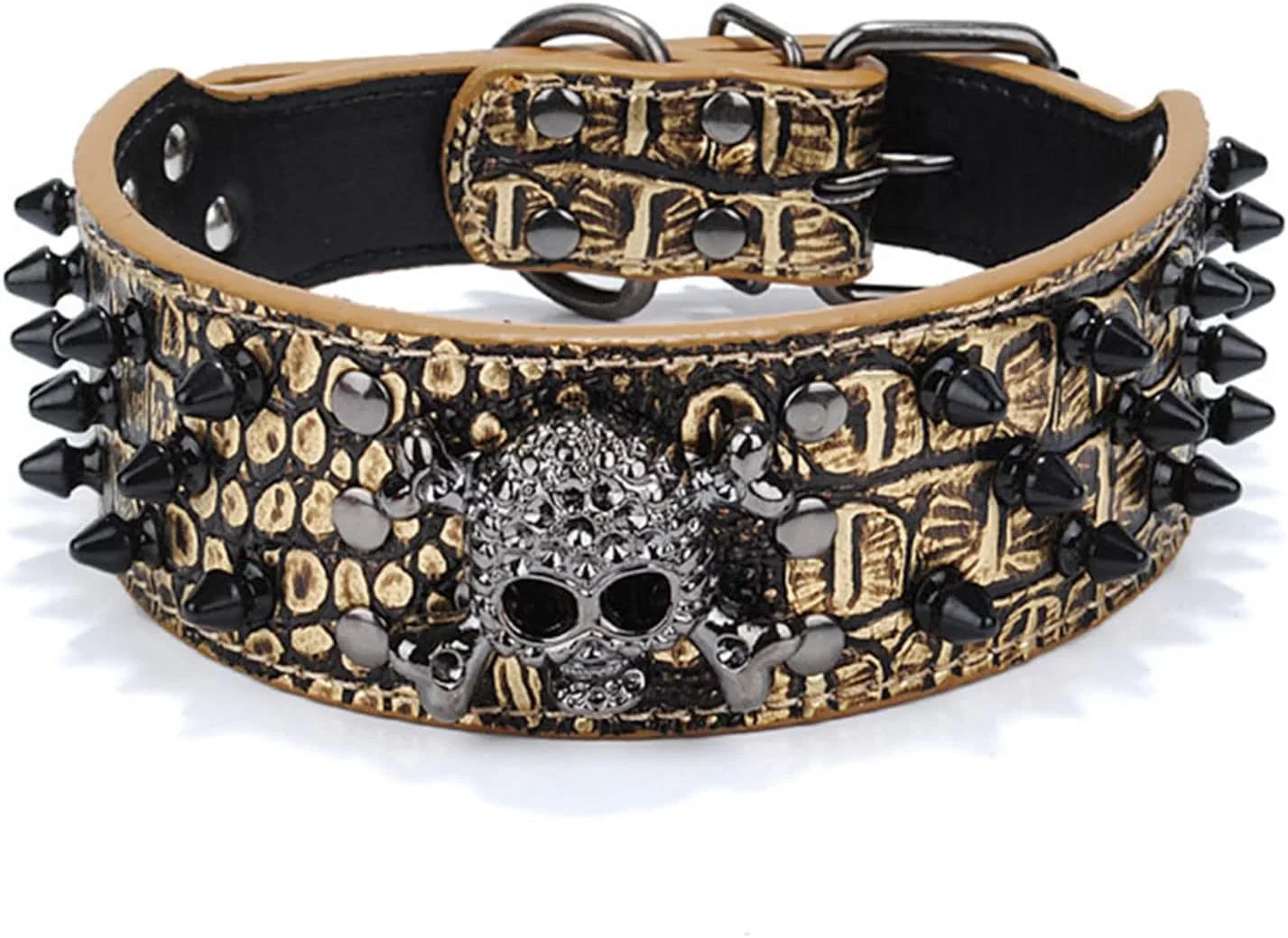 Adjustable Spiked Skull Leather Dog Collar, Bullet Rivets Studded Croco Faux Leather Collar for Small Medium Large Dogs as Labrador Pit Bull Bulldog Pugs Boxers