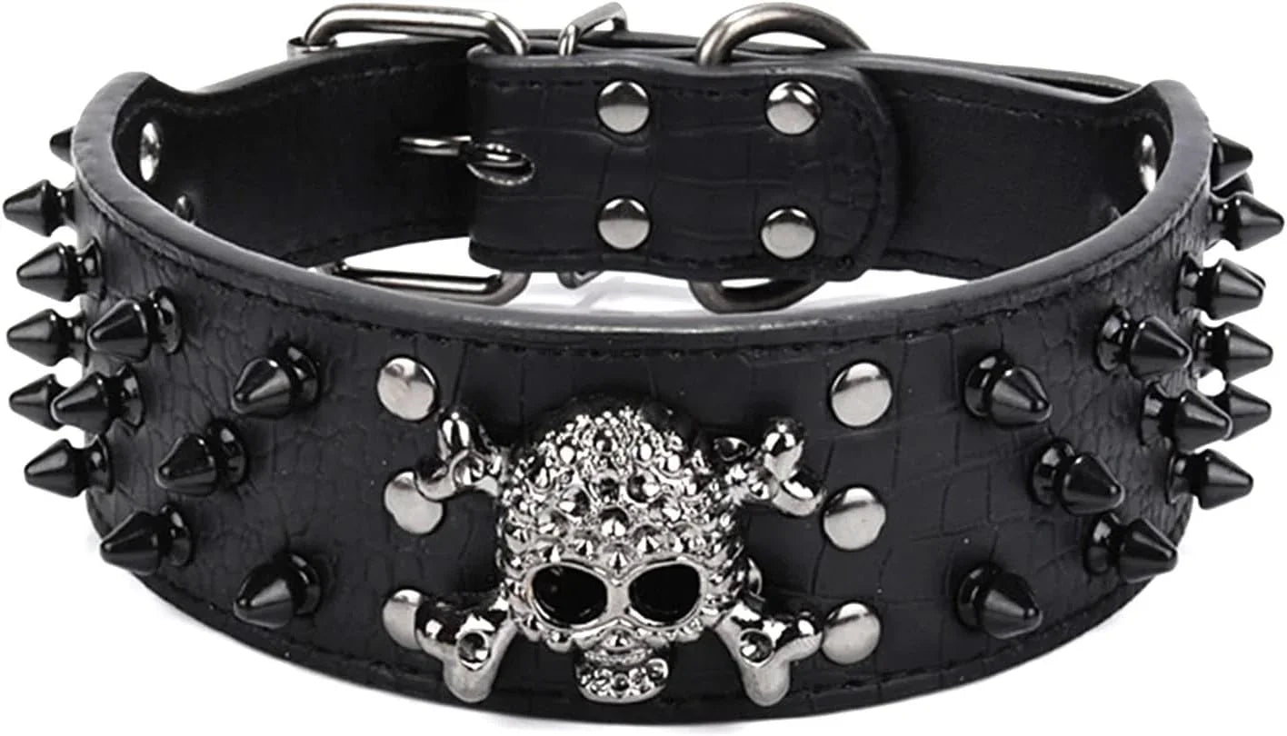 Adjustable Spiked Skull Leather Dog Collar, Bullet Rivets Studded Croco Faux Leather Collar for Small Medium Large Dogs as Labrador Pit Bull Bulldog Pugs Boxers