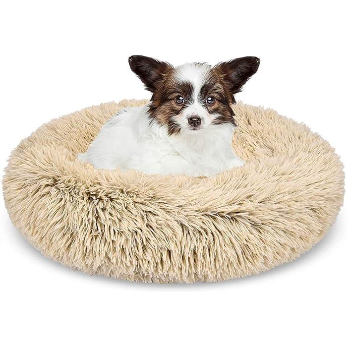 Round Pet bed, Plush Soft Washable Self-Warming Calming Dog Bed Donut Cuddler Round Dog Bed Comfortable for Sleeping in Winter(Beige,67cm)