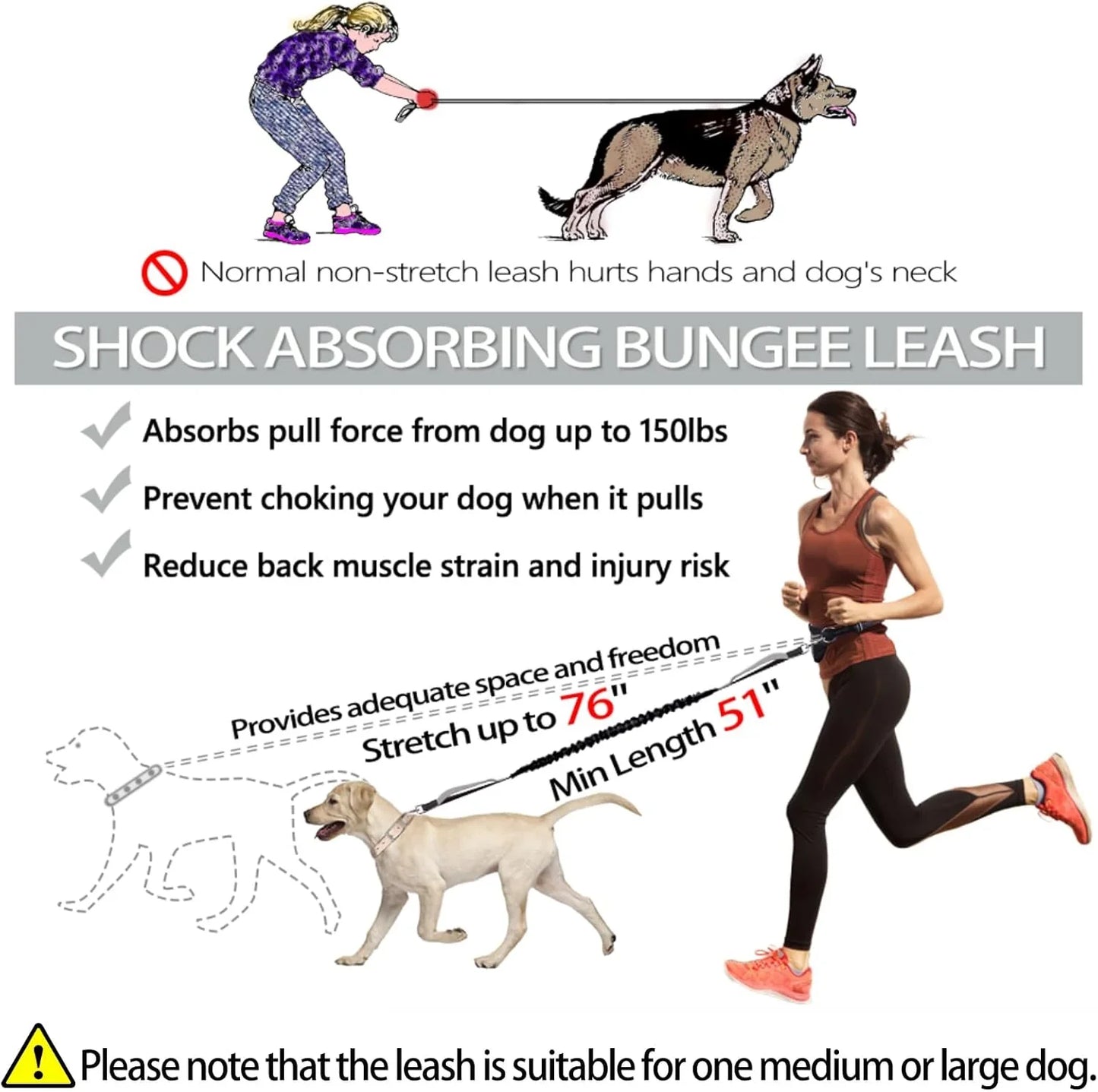 Hands Free Dog Leash, Adjustable Waist Belt and Dual-Handle Retractable Bungee Leash, Jogging Dog Leash with Reflective Stitching, Random Colors