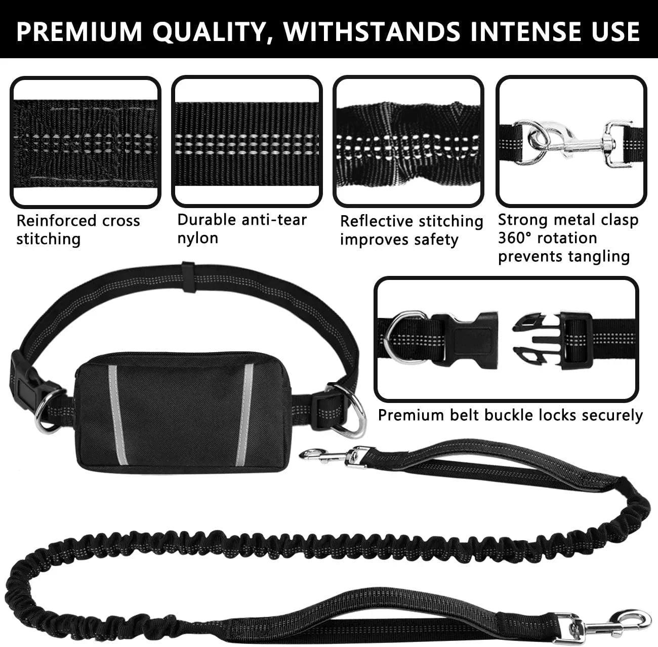 Hands Free Dog Leash, Adjustable Waist Belt and Dual-Handle Retractable Bungee Leash, Jogging Dog Leash with Reflective Stitching, Random Colors