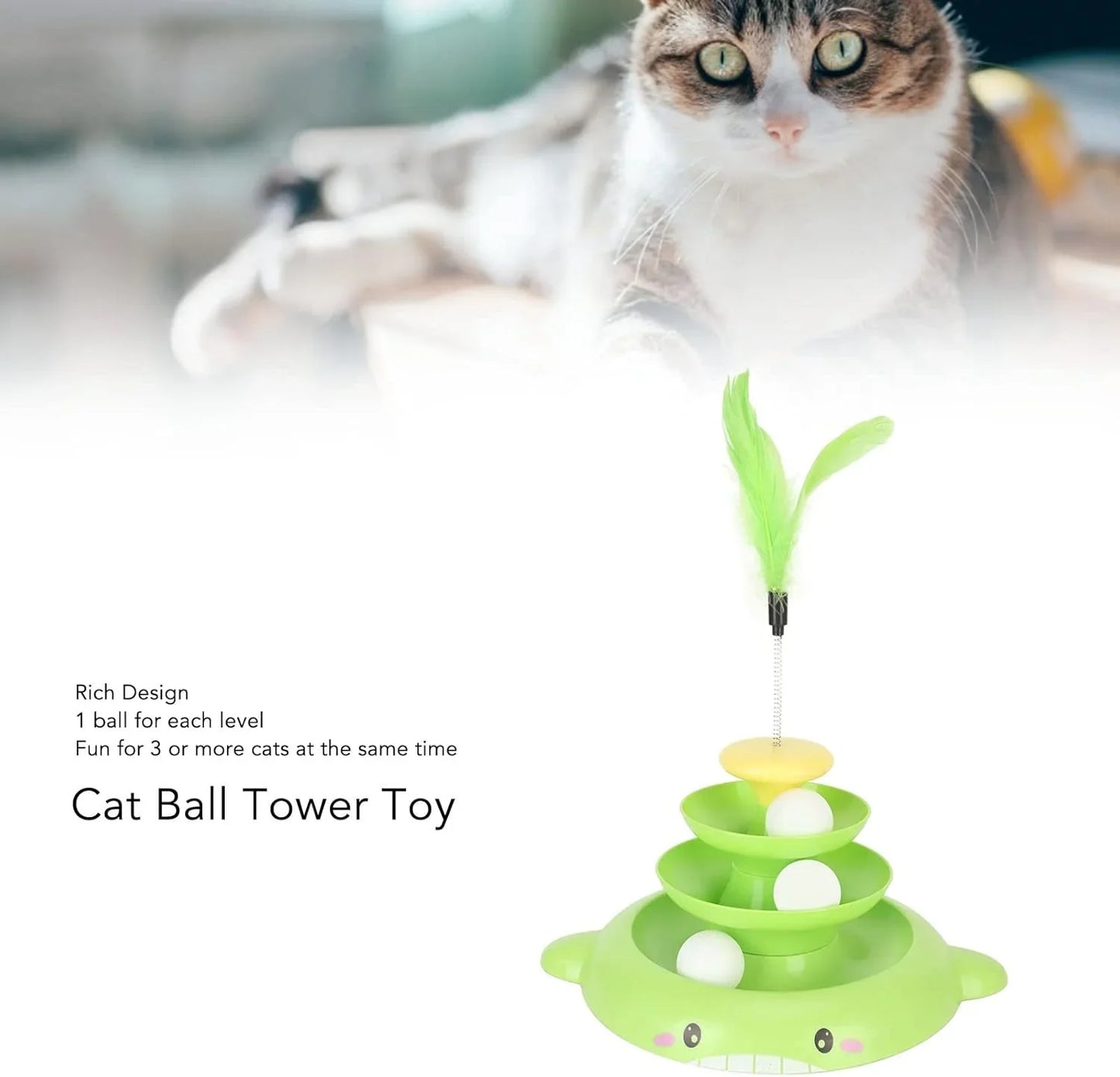 Cat Toy Roller, 3 Levels Turntable Cat Toys Tower Roller Toy with Feather Stick and 3 Balls