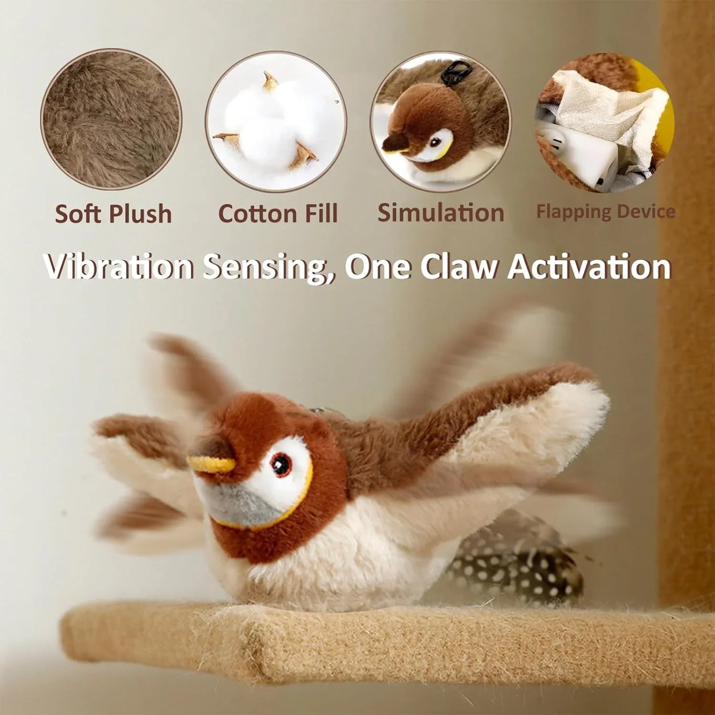 Pet Cat Interactive Toys, Rechargeable Chirping Flapping Bird (no Flying) with Catnip for Indoor Cats, Touch Activated Plush Toys