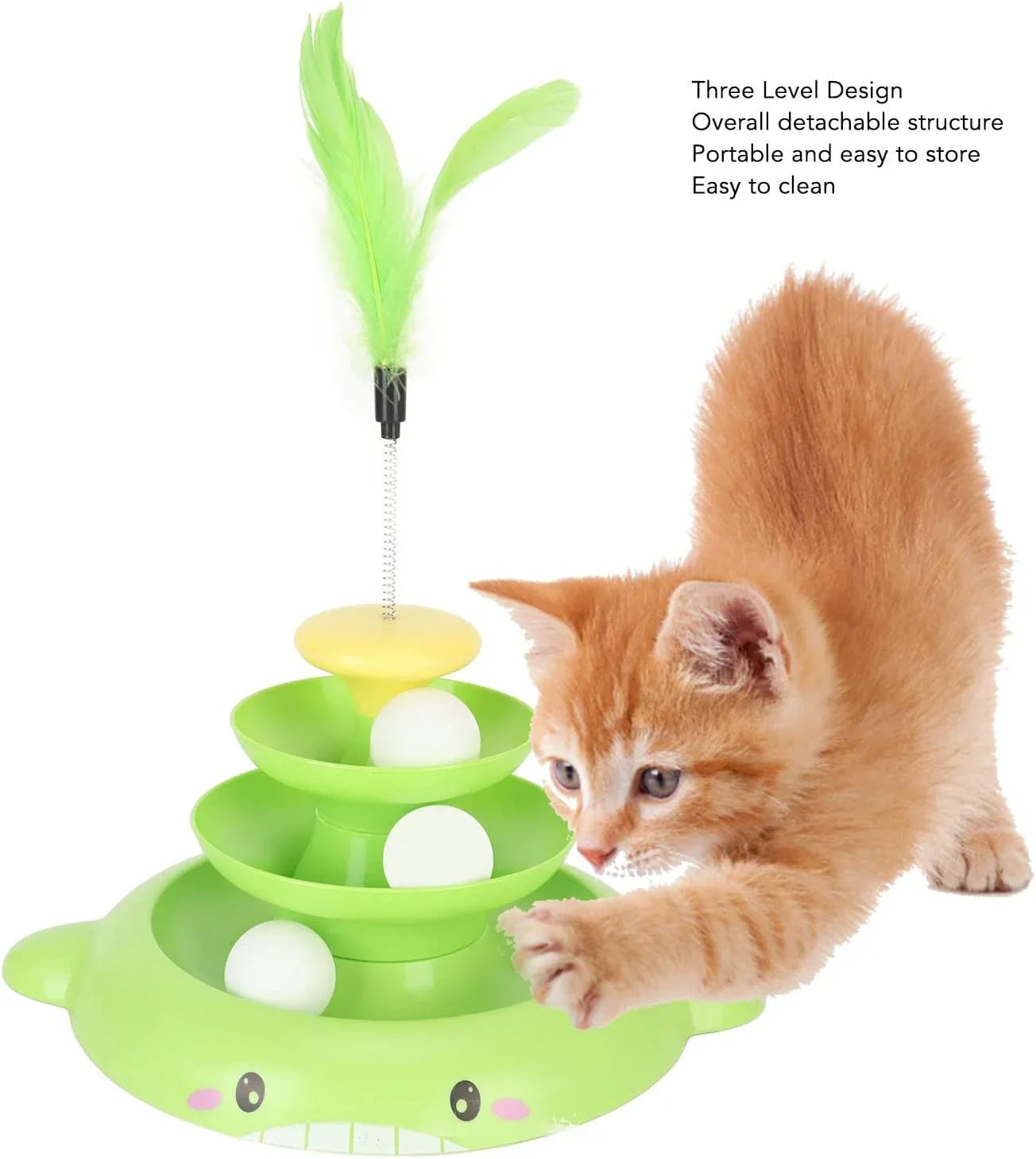 Cat Toy Roller, 3 Levels Turntable Cat Toys Tower Roller Toy with Feather Stick and 3 Balls