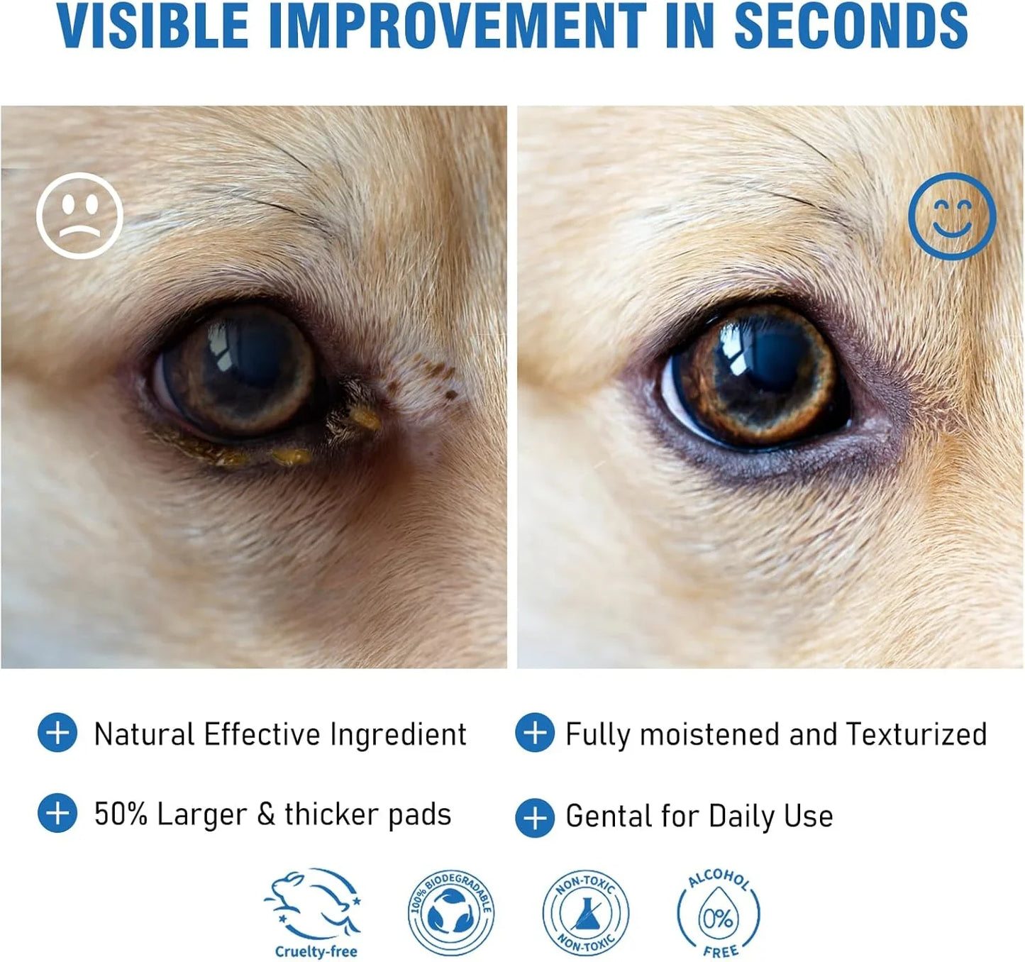 Vet Coach Dog Eye Wipes, Tear Stain Wipes for Dogs, Big & Thick Cat Eye Wipes for Dogs, Mild Ingredients, Texturized