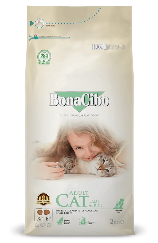 Bonacibo Adult Cat Food Lamb & Rice For Sensible and Fussy Adult Cats of All Breeds 2kg