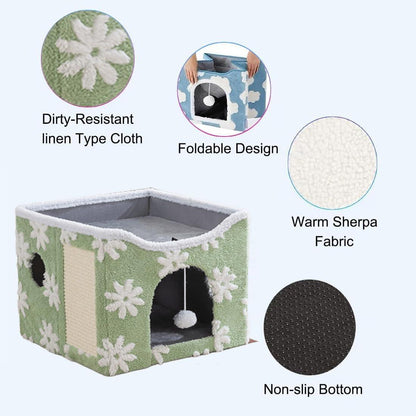 Exclusive Double Decker Cat Tent House with Scratcher Folding House with Terrace