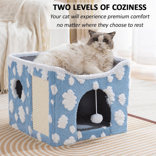 Exclusive Double Decker Cat Tent House with Scratcher Folding House with Terrace