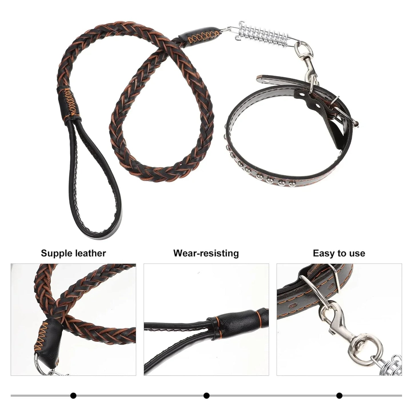 120cm Leather Braided Dog Leash Black Padded Handle Pet Walking Running Leads with Spring Buffer for Medium Large Dogs Labrador