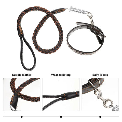 120cm Leather Braided Dog Leash Black Padded Handle Pet Walking Running Leads with Spring Buffer for Medium Large Dogs Labrador