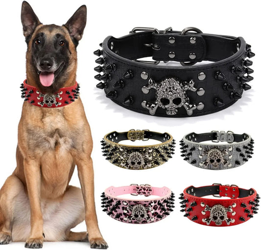 Adjustable Spiked Skull Leather Dog Collar, Bullet Rivets Studded Croco Faux Leather Collar for Small Medium Large Dogs as Labrador Pit Bull Bulldog Pugs Boxers