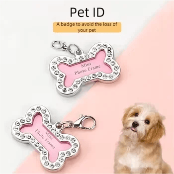 Crystal Bling Cat Dog ID Tag Pet Stainless Steel Personalized ID Frame Photo Frame Tag Name Tag