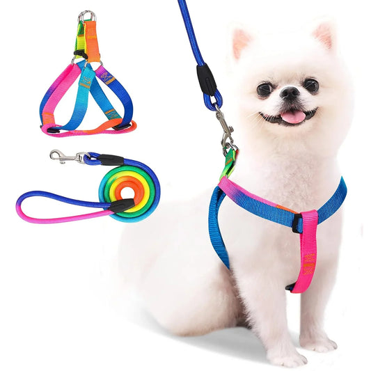 Dog Rainbow Harness Leash Durable No Pull Adjustable Safe Nylon Walking Leash for Small to Medium Dog