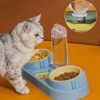 Double Cat Food and Water Bowl Set with Water Dispenser Auto Water Replenishment Tip Proof Cute Pet Food Bowl