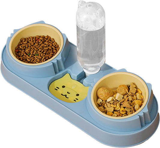 Double Cat Food and Water Bowl Set with Water Dispenser Auto Water Replenishment Tip Proof Cute Pet Food Bowl