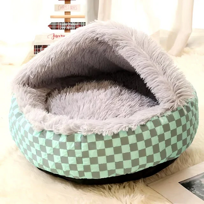 Round Hooded Donut Dog Bed for Small & Medium Pets - Plush Fluffy Anti-Anxiety Cat Cave Bed with Cover