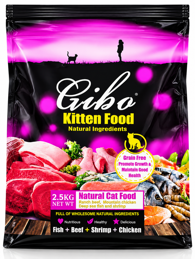 Gibo Kitten Food – 2.5kg Grain-Free Natural Cat Dry Food Fish, Beef, Shrimp & Chicken