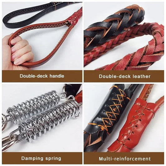 120cm Leather Braided Dog Leash Black Padded Handle Pet Walking Running Leads with Spring Buffer for Medium Large Dogs Labrador