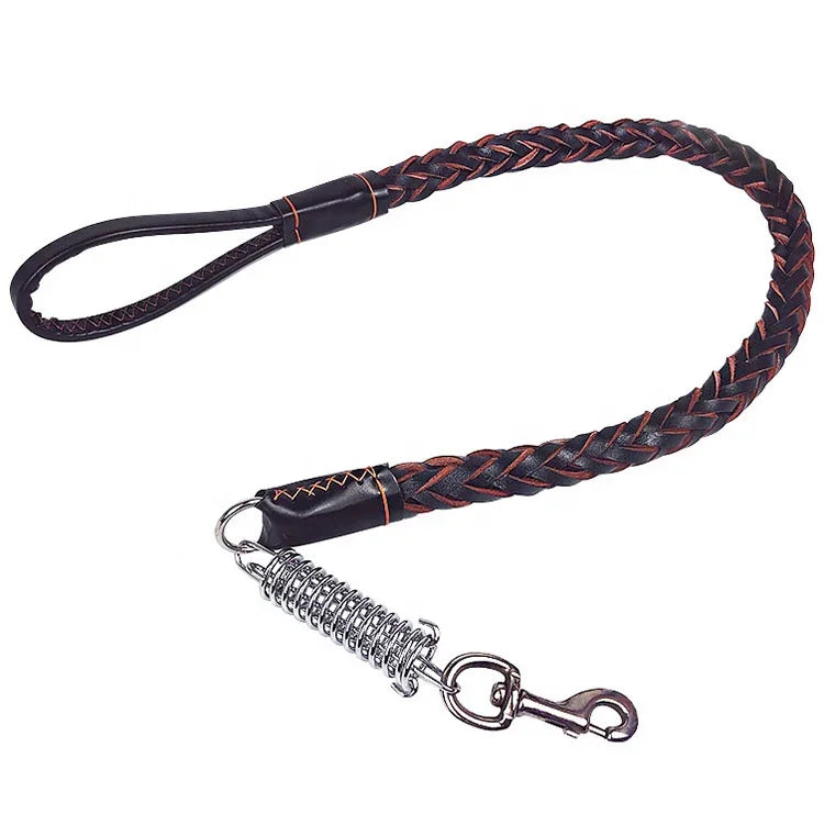 120cm Leather Braided Dog Leash Black Padded Handle Pet Walking Running Leads with Spring Buffer for Medium Large Dogs Labrador