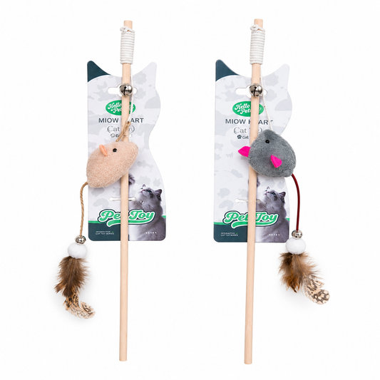 Interactive Mouse Cat Wand Toy with Feather Teaser Stick Toy 1Pcs