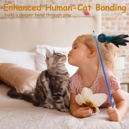 Pet Cat Kitten Wooden Teaser Stick Wand Wire Toys with Bell Interactive Toy Random Color 1pcs