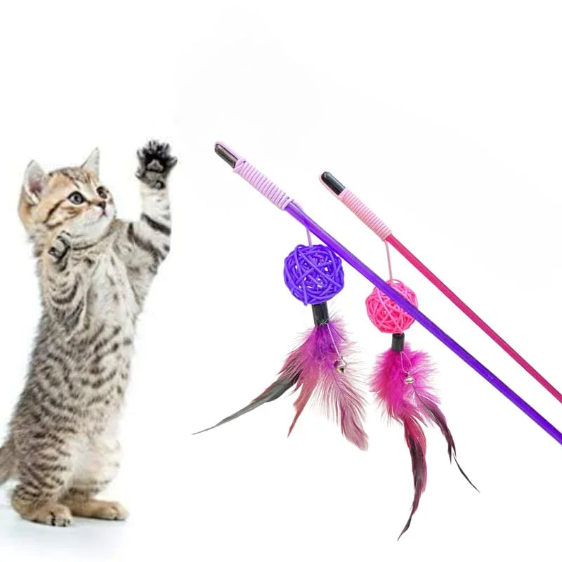 Pet Cat Kitten Wooden Teaser Stick Wand Wire Toys with Bell Interactive Toy Random Color 1pcs