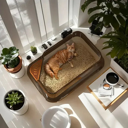 Cat Litter Training Tray, Corner Cut Extra Large Semi-Enclosed Litter Box Open Top Cat Litter Tray