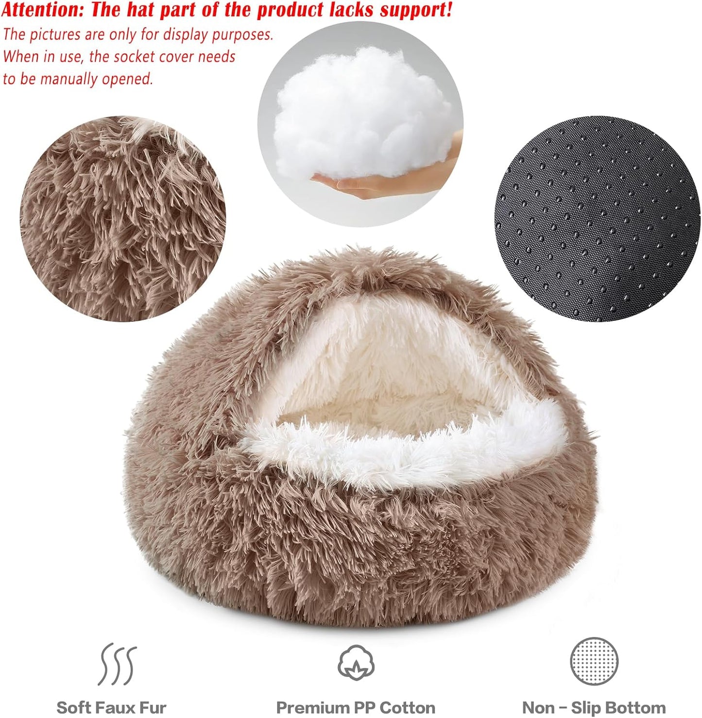 Round Hooded Donut Dog Bed for Small & Medium Pets - Plush Fluffy Anti-Anxiety Cat Cave Bed with Cover