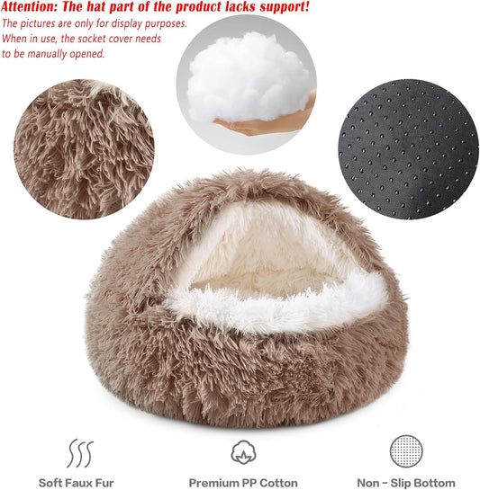Round Hooded Donut Dog Bed for Small & Medium Pets - Plush Fluffy Anti-Anxiety Cat Cave Bed with Cover